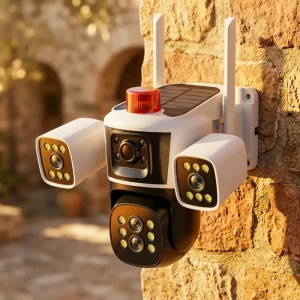 كاميرة مراقبة ب ثلاث عدسات 360 درجة تعمل بالطاقة الشمسية مع ضمان سنةِ.